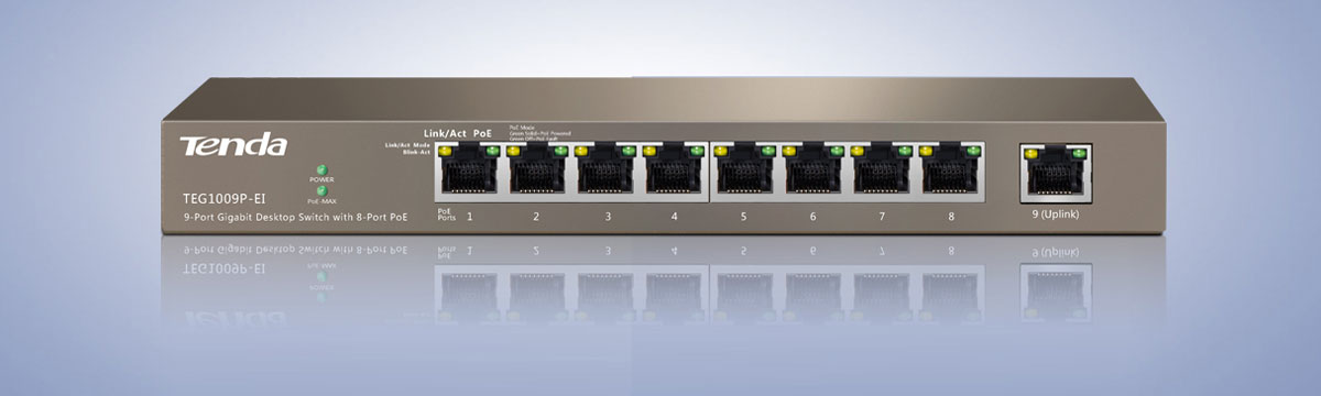 Front view of the Tenda TEG1009P-EI Switch, showing all nine ports, indicator and Tenda brand logo